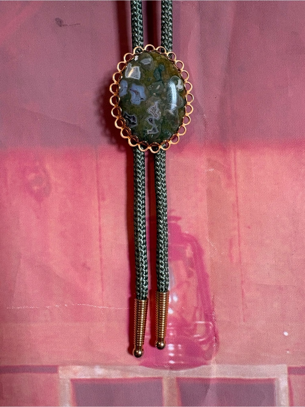 😍 Vintage Rainforest Jasper Bolo Tie Green Gold Tone Western